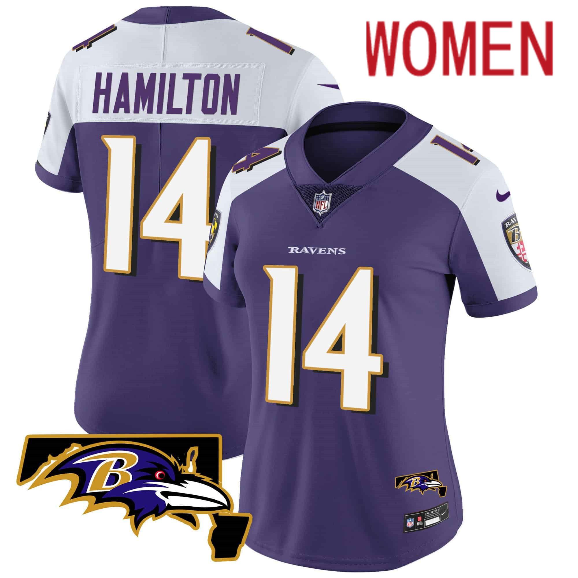 Women Baltimore Ravens #14 Hamilton Purple 2024 Nike Maryland Patch Vapor Limited NFL Jersey